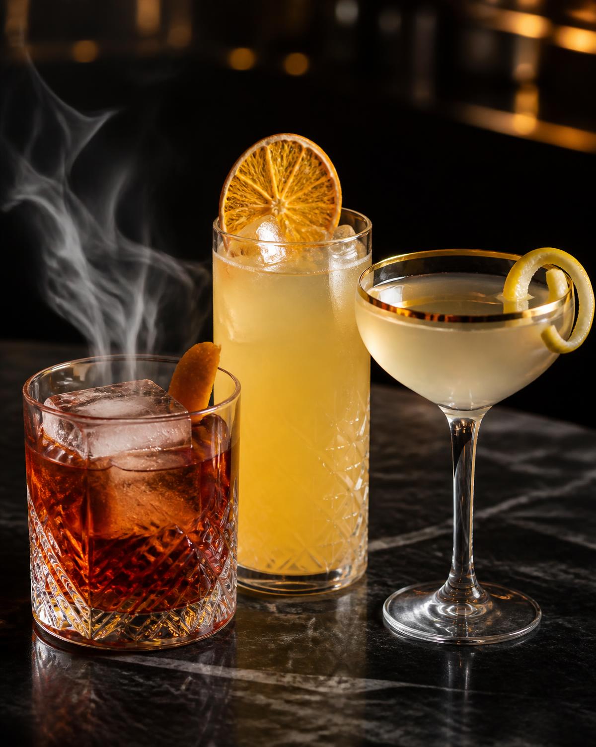 Three craft cocktails on a dark bar top